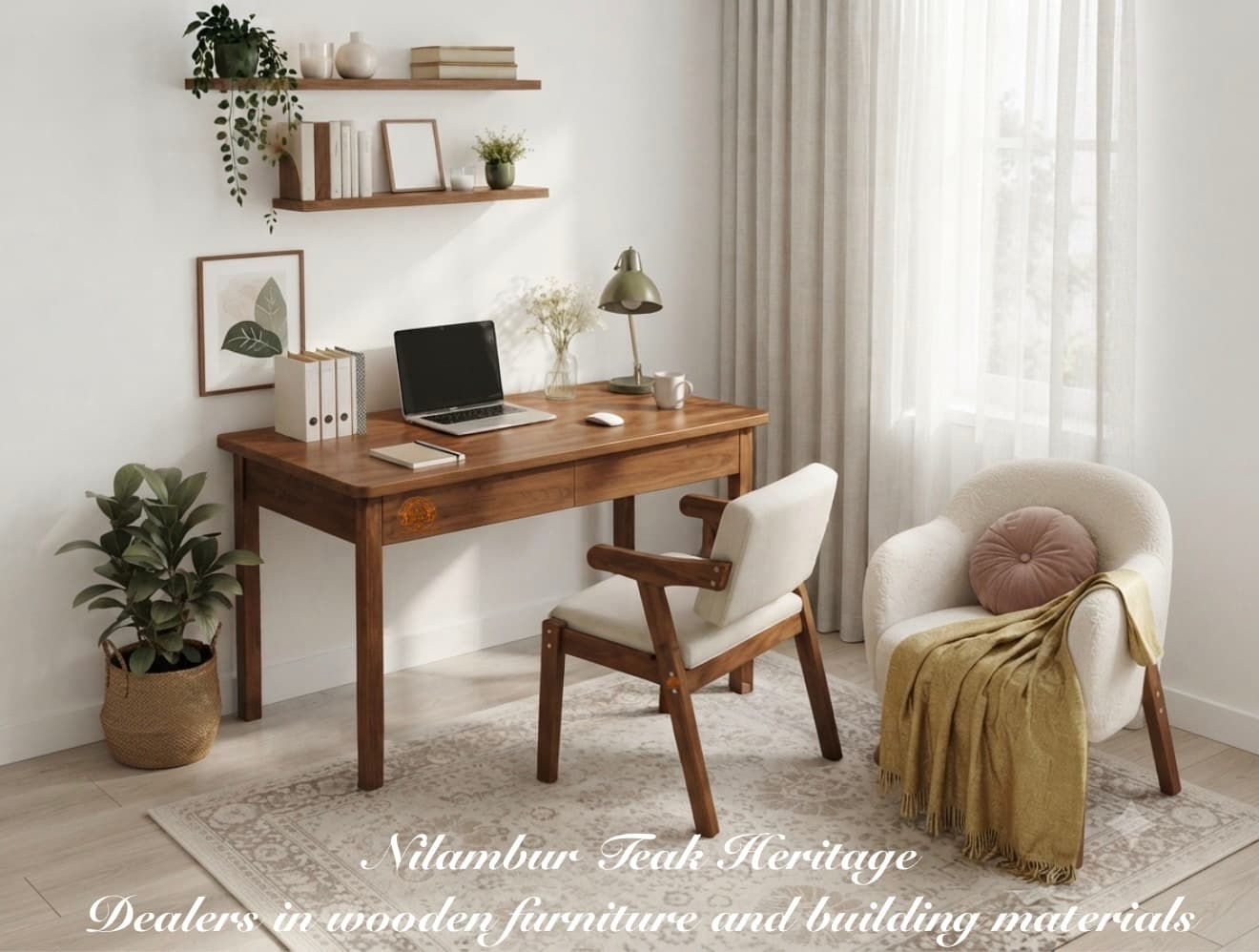 Executive Solid Teak Wood Study Desk with Dual Drawers & Cushioned Armchair Set