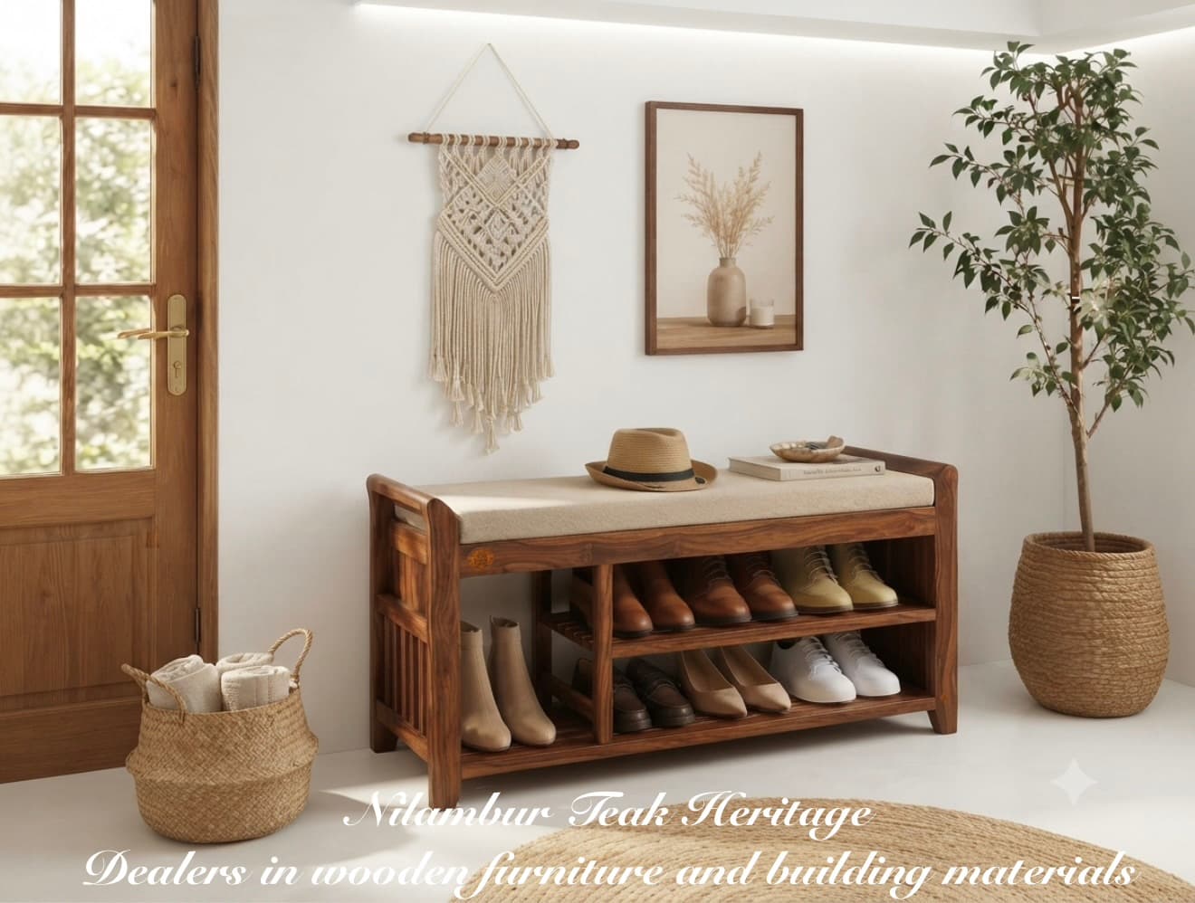 Artisan Teak Wood Entryway Shoe Rack Bench with Cushioned Seat & Boot Storage Compartment