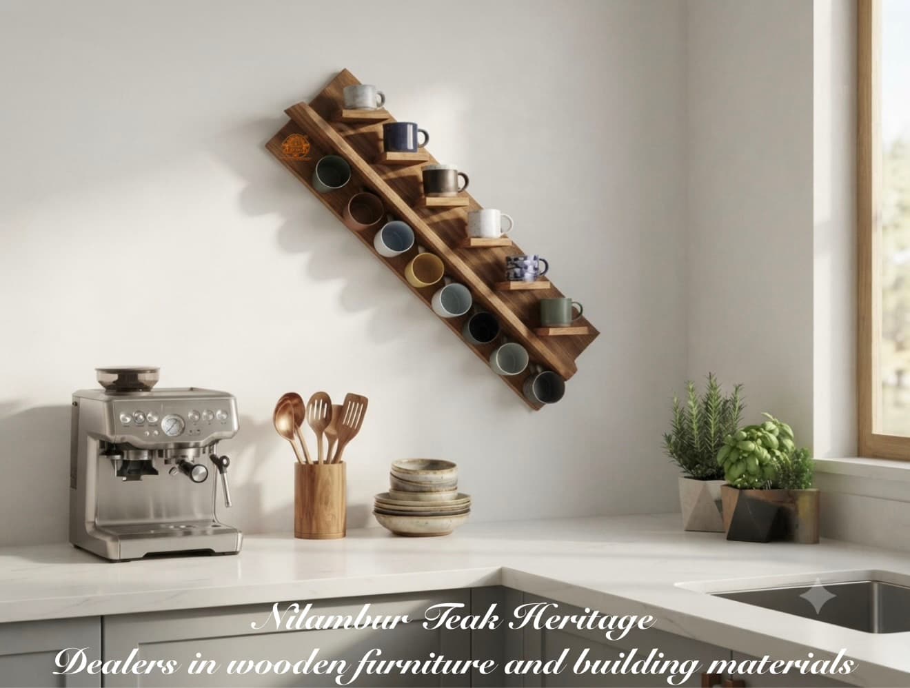 Artisan Teak Wood Diagonal Wall-Mounted Coffee Mug Display Rack & Barista Organizer