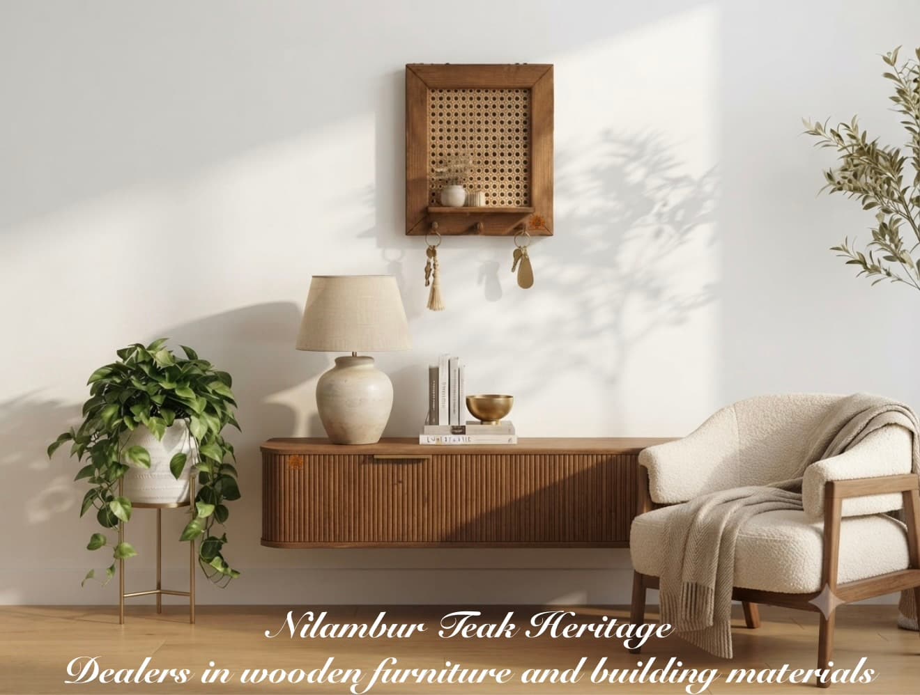 Artisan Teak Wood Wall Key Holder & Display Shelf with Natural Cane Webbing