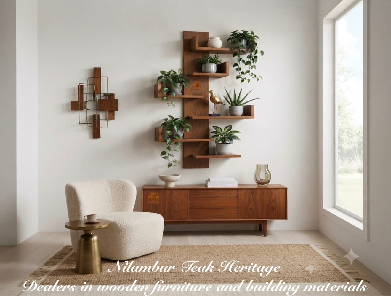 Artisan Teak Wood Vertical Floating Tree Shelf & Staggered Wall Display Unit