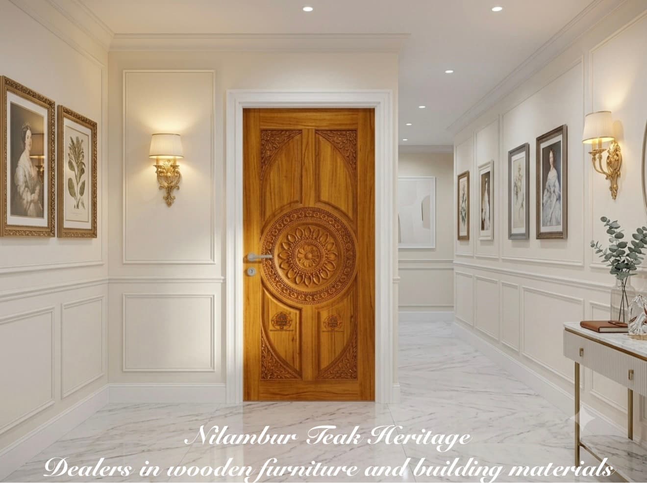 Royal Sunflower Medallion Solid Teak Wood Door – Arched Panel Handcrafted Design
