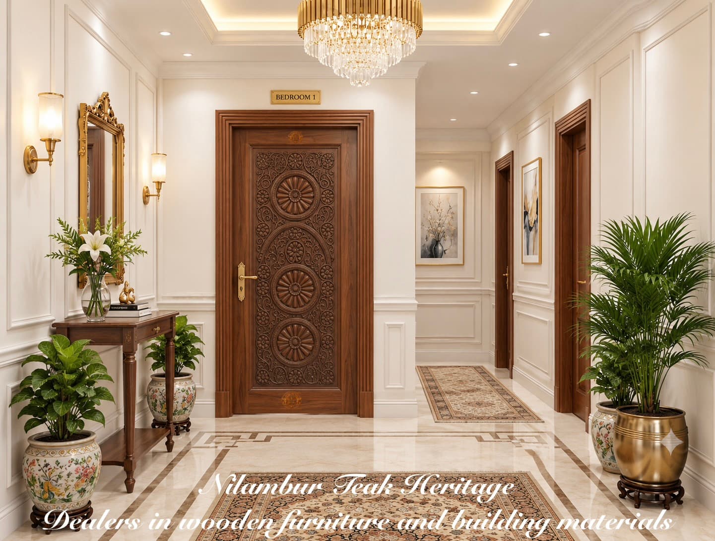 Grand Triple Medallion Solid Teak Wood Door – Imperial Full-Height Hand-Carved Floral Panel