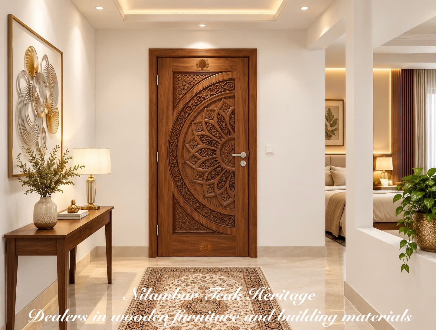 Grand Semi-Circular Sunburst Solid Teak Wood Door – Handcrafted Radial Mandala Bedroom Door