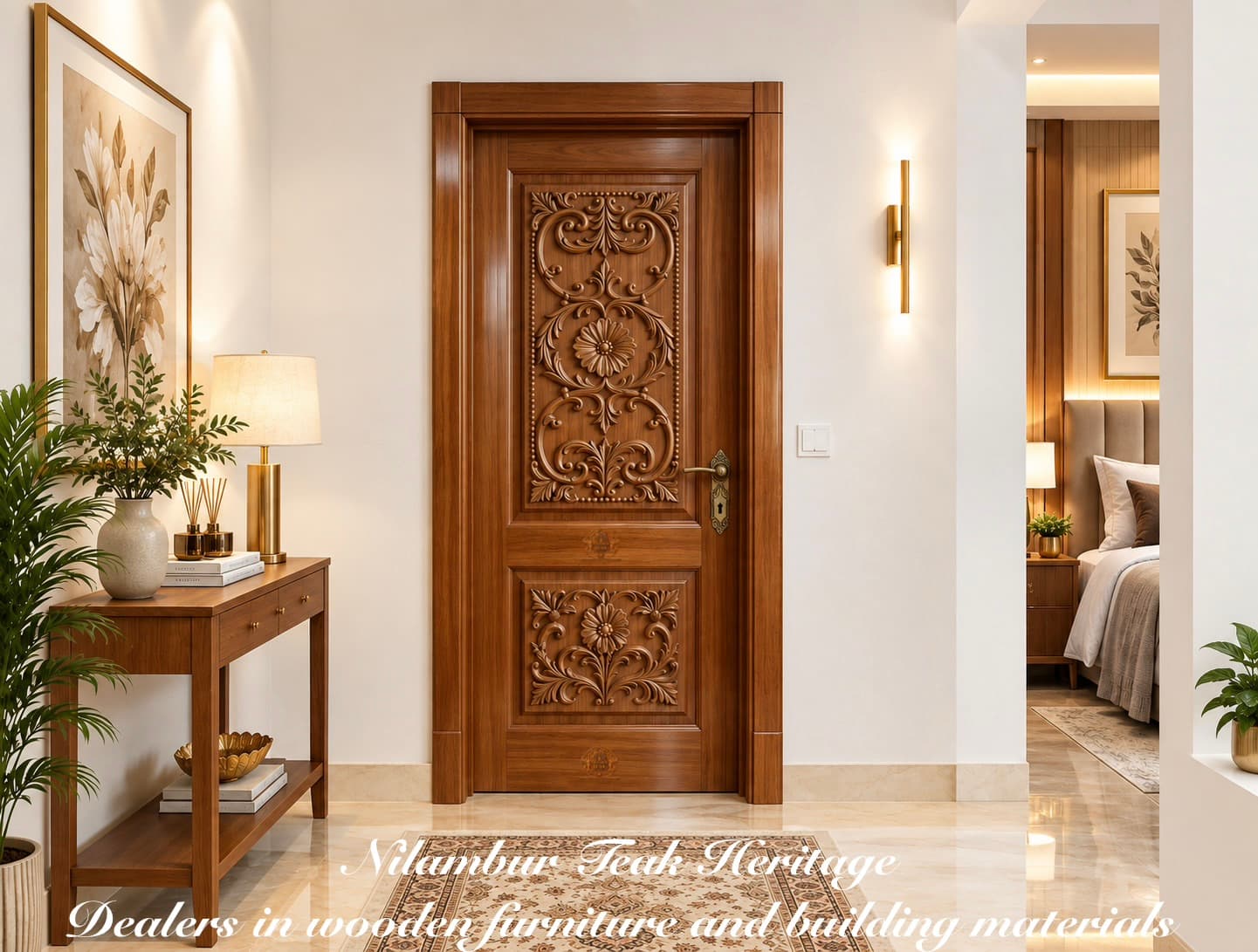 Classic Baroque Floral Carved Solid Teak Wood Door – Dual-Panel Acanthus Scrollwork Design