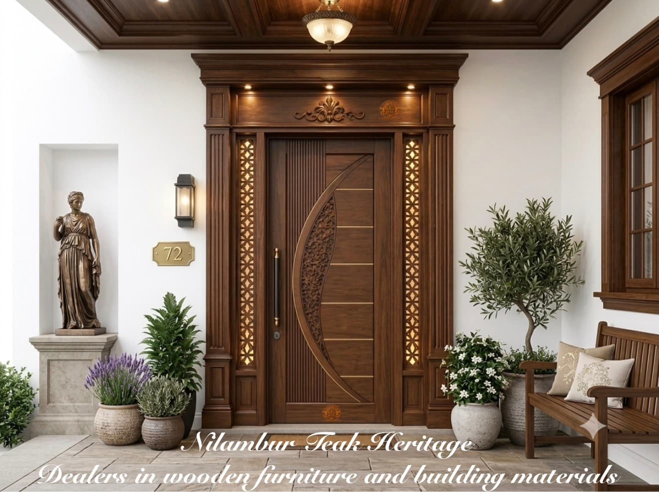 Grand Entrance Imperial Solid Teak Wood Main Door Set – Crescent Floral Carving with Backlit Jaali Sidelights & Architrave Header