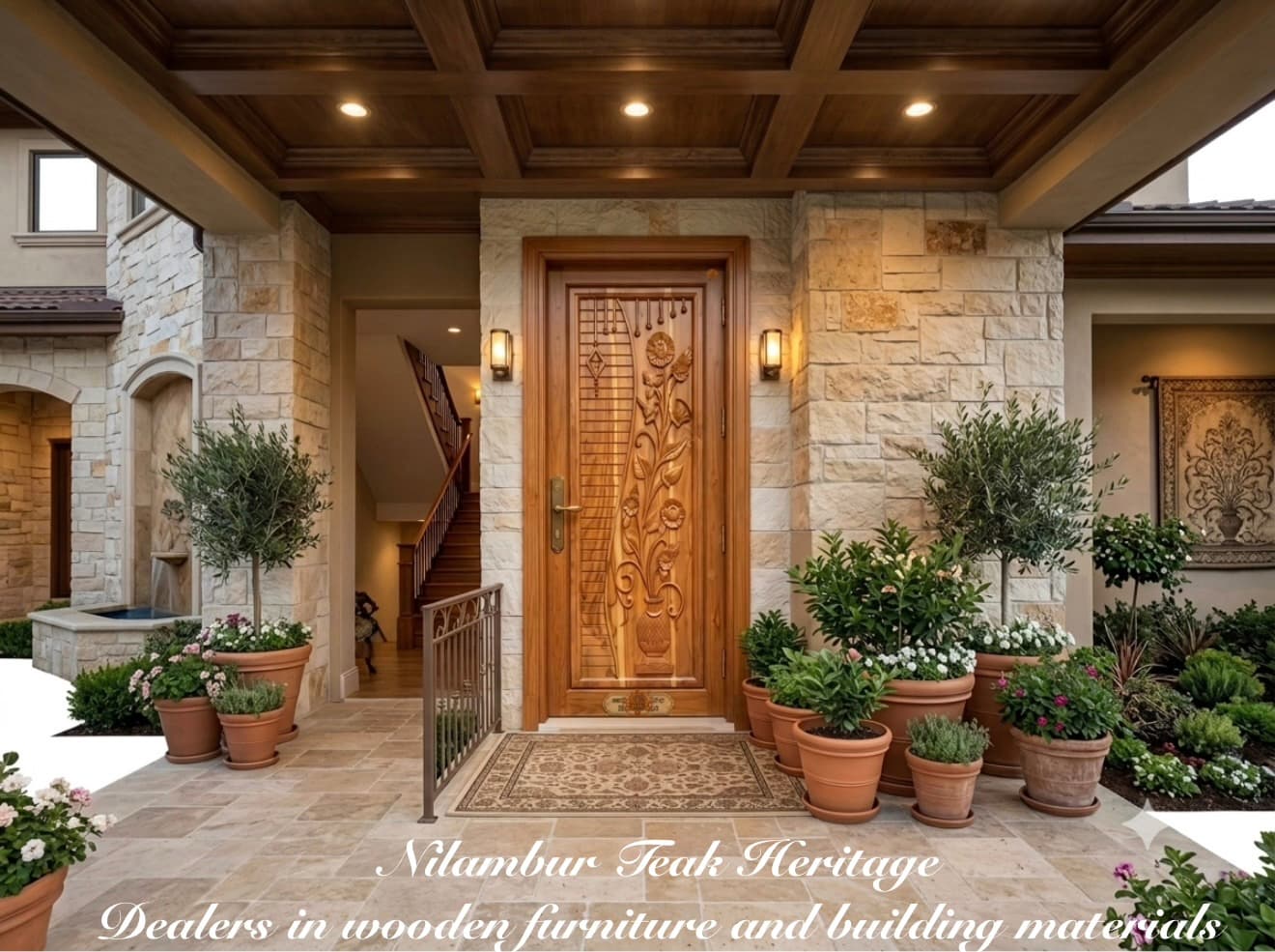 Geometric Grid Solid Teak Wood Main Entrance Door