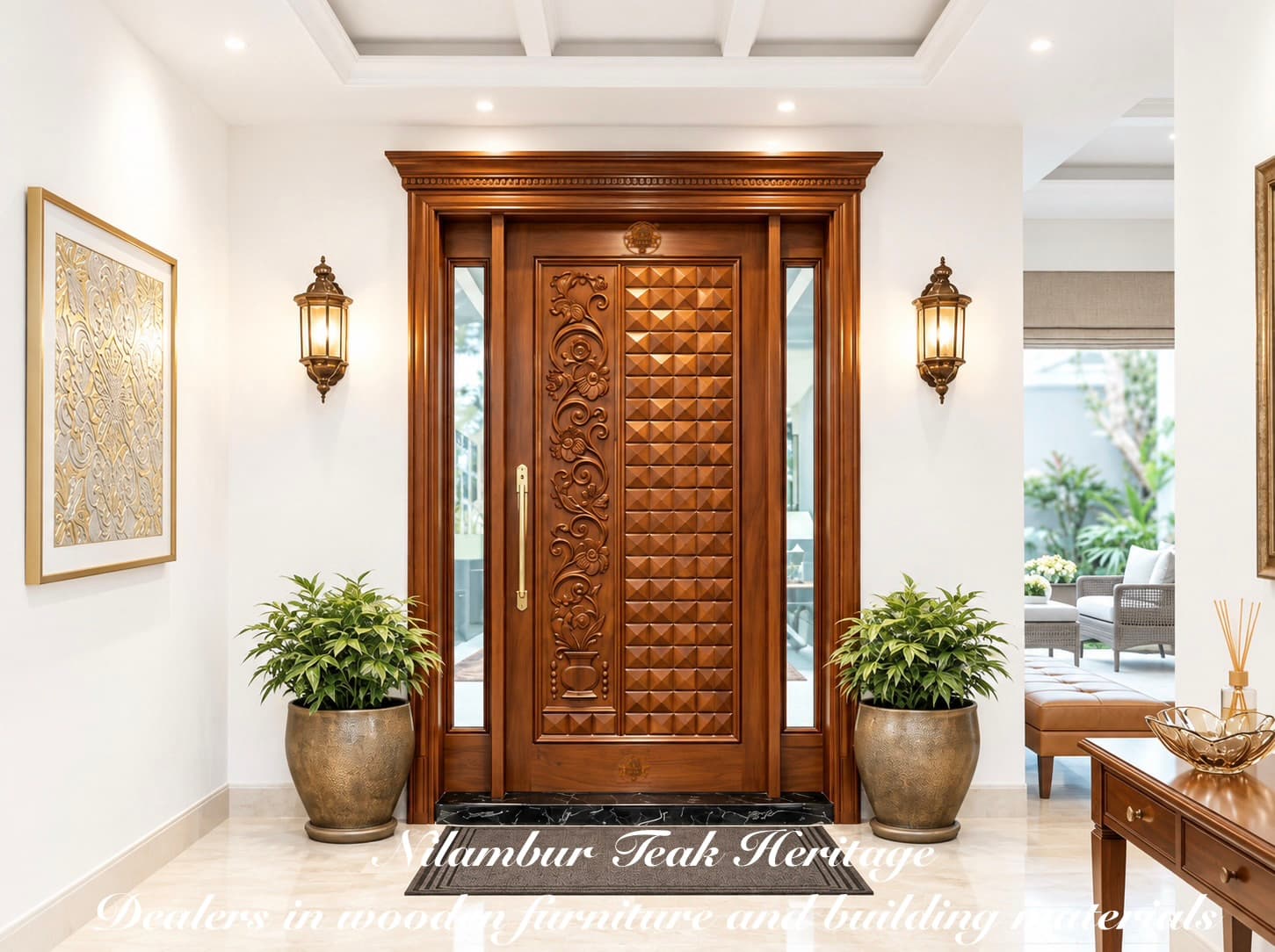 Modern Heritage Pyramid Matrix & Floral Scrollwork Solid Teak Wood Main Door Set with Glass Sidelights