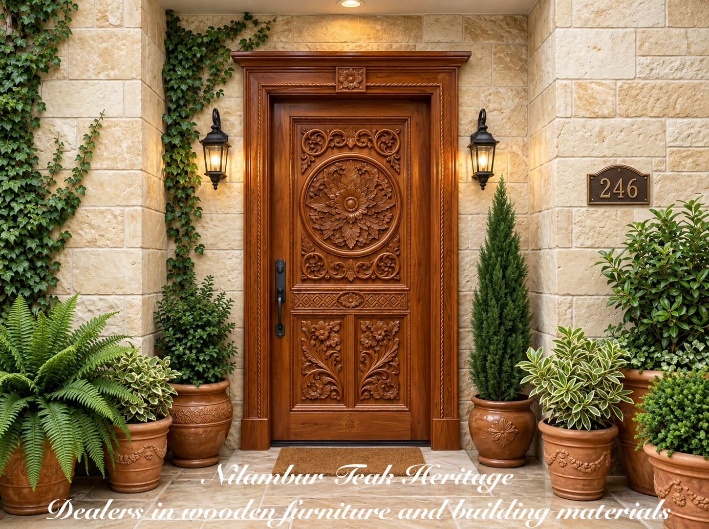 Heritage Blooming Rosette Solid Teak Wood Main Door – Dual-Panel Floral Carving with Rope-Molded Frame